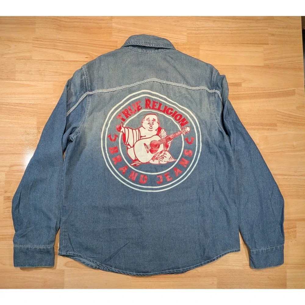 True Religion Mens Buddha‎ Graphic Chambray Denim Shirt Med Wash Blue Small NEW